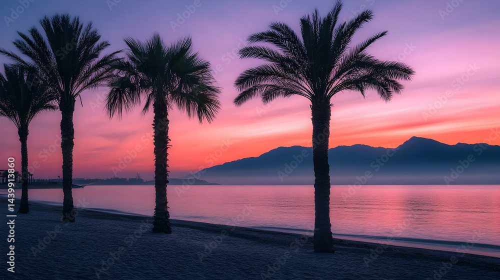 Serene Sunset on Tropical Beach: Palm Trees Silhouette at Dawn Serene Sunset on Tropical Beach: Palm Trees Silhouette at Dawn