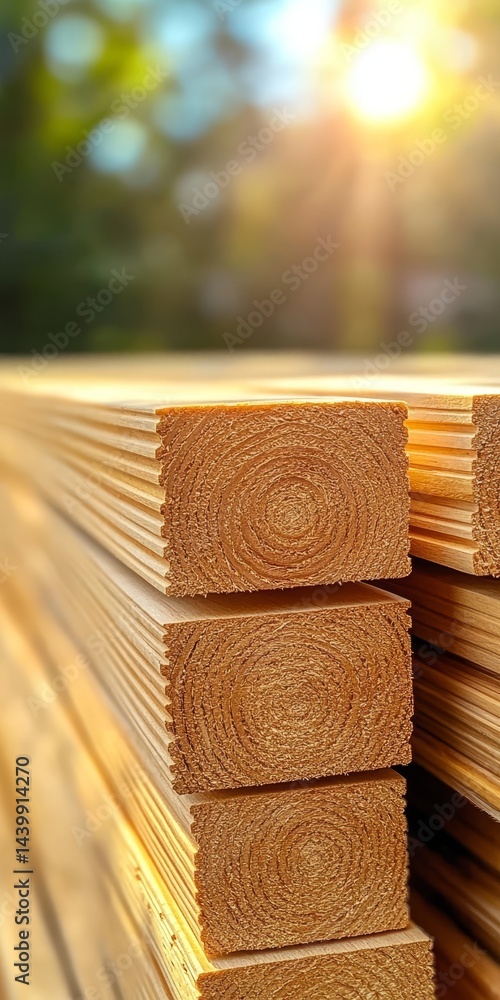 Stack of Sustainable Pine Wood Planks, Bathed in Sunlight Eco-Friendly Construction Materials