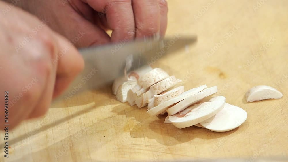 Slicing mushrooms on a wooden cutting board Slicing mushrooms on a wooden cutting board