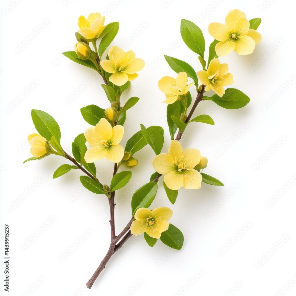 Fototapeta premium A delicate sprig of vibrant yellow flowers blossoms with tiny buds on slender green stems isolated against a pristine white background showcasing sptime beauty.