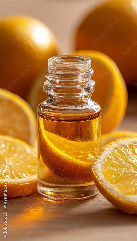 Aromatic Citrus Essential Oil Blend in Clear Bottle, Surrounded by Lemon Slices, and Zest