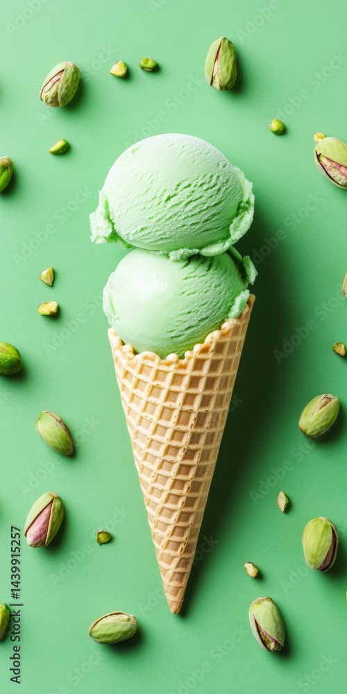 Two Scoops of Pistachio Ice Cream in Waffle Cone on Light Green Background, Summer Treat