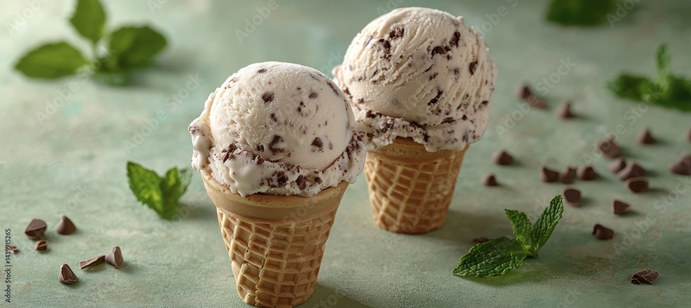 Two Scoops of Mint Chocolate Chip Ice Cream in Waffle Cones, Garnished with Mint Sprigs