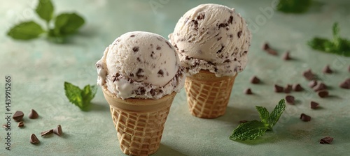 Obraz na płótnie Two Scoops of Mint Chocolate Chip Ice Cream in Waffle Cones, Garnished with Mint Sprigs w salonie