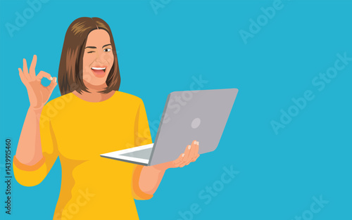 Portrait of attractive cheerful skilled girl with laptop showing ok-sign winking isolated over bright blue color background. vector, illustration