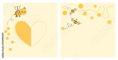 Beehive honey signs with hexagon grid cells, bee cartoons and honey drop line on yellow backgrounds vector.