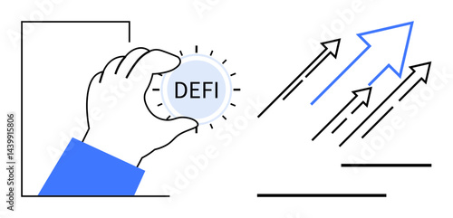 Hand grasping DEFI coin beside upward-pointing arrows symbolizing success, growth, innovation, and decentralized finance. Ideal for blockchain, cryptocurrency, financial progress, investments