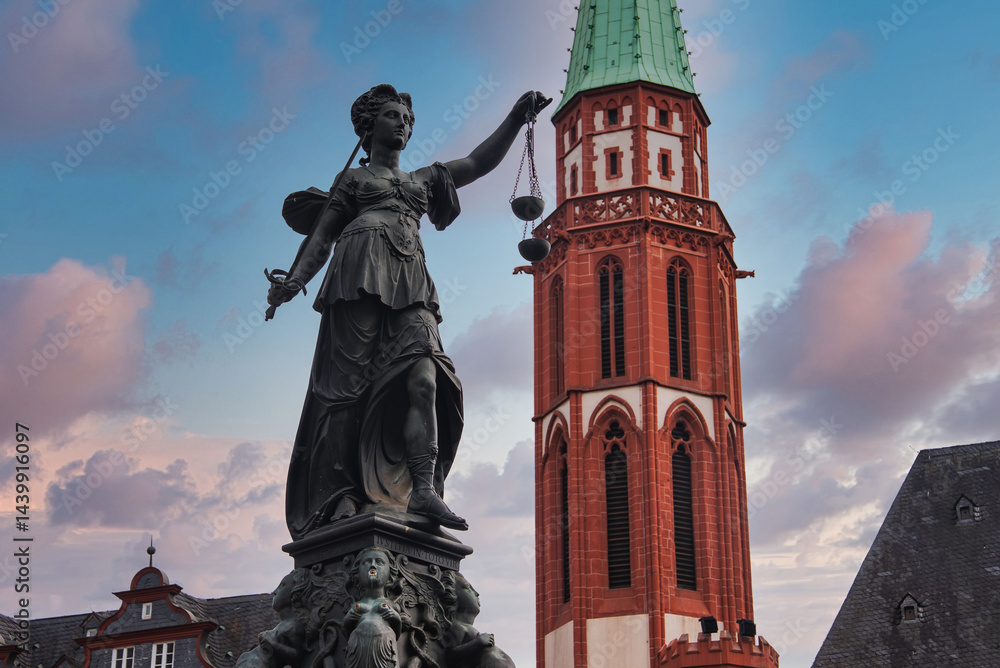 The Fountain of Justice statue with Lady Justice, the Old St. Nicholas Church tower, and traditional German buildings under a cloudy sky in Frankfurt.