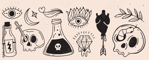Hand-drawn vintage mystical and magic symbols illustration