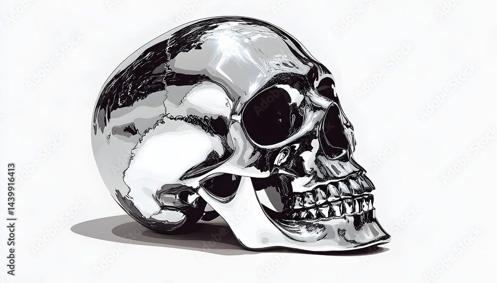 A Shiny Chrome Skull Sits Isolated On A White Background