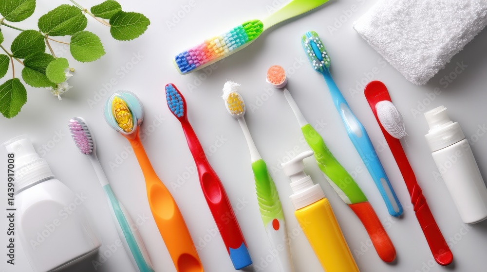 Vibrant Collection of Toothbrushes and Oral Care Products on White