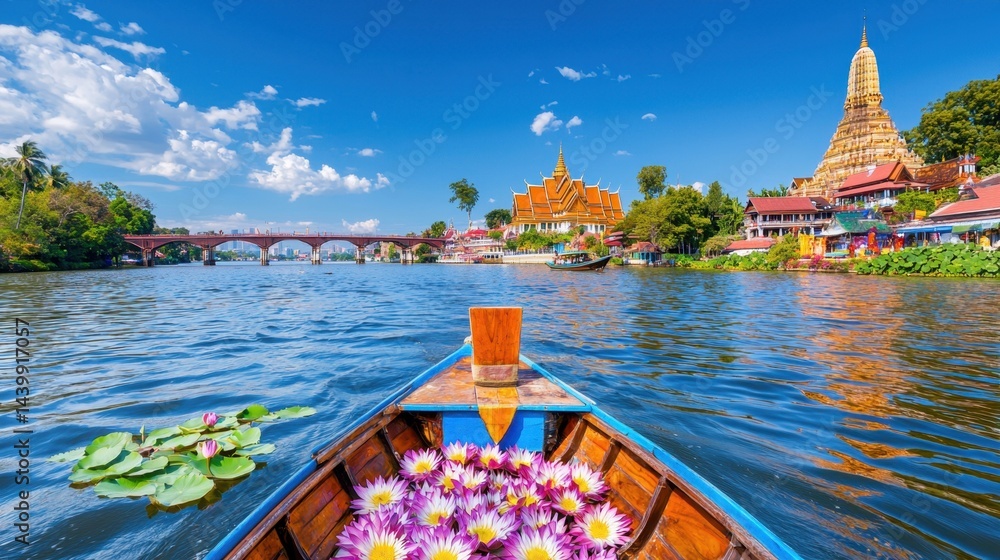 Naklejka premium Boat with flowers floating in water on a picturesque waterway view in bangkok thailand