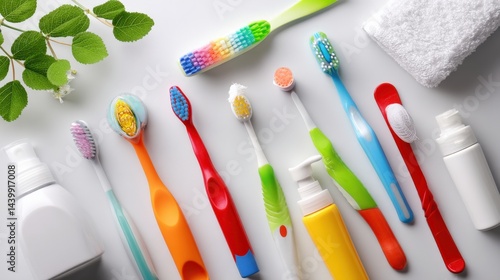 Obraz na płótnie Vibrant Collection of Toothbrushes and Oral Care Products on White w salonie