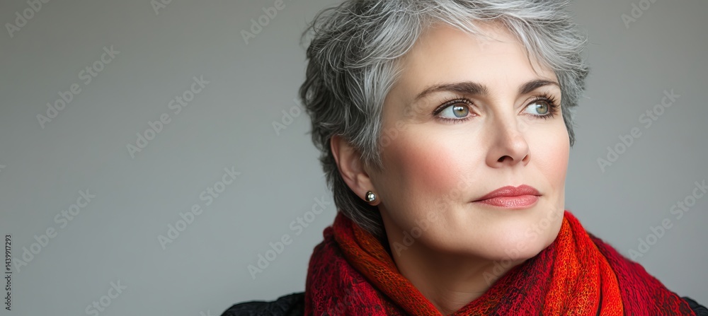 Thoughtful Senior Woman With Gray Hair, Looking Up And Contemplating On Gray Background