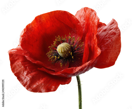 Vibrant red poppy flower with delicate petals and intricate details, cut out 