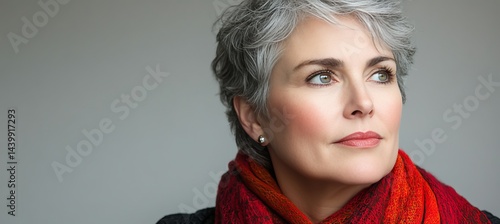 Obraz na płótnie Thoughtful Senior Woman With Gray Hair, Looking Up And Contemplating On Gray Background w salonie