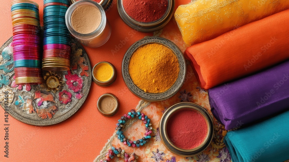 Vibrant Colors of Spices and Fabrics with Traditional Indian Elements