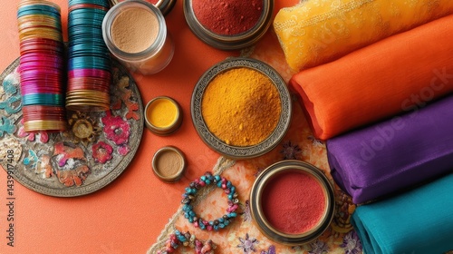 Obraz na płótnie Vibrant Colors of Spices and Fabrics with Traditional Indian Elements w salonie