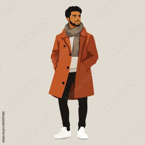 ai1745821341129_33.epsA fashionable young man standing confidently with hands in pockets. He is dressed in a brown overcoat, scarf, white sweater, black pants, and white sneakers. The illustration sho