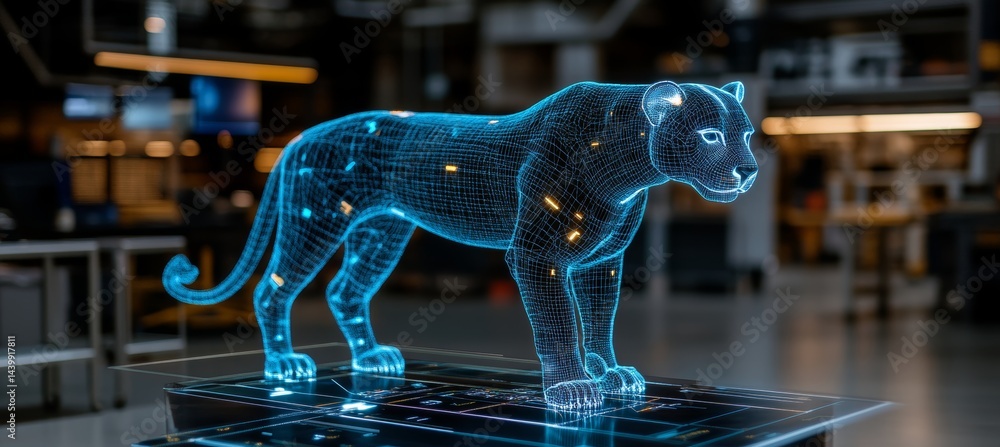 Holographic Blue Lion In Digital Environment Innovation And Futuristic Tech Illustration.