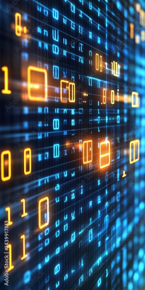 Abstract Binary Coded Information Flowing With Bright Orange Highlights, IT, Programming