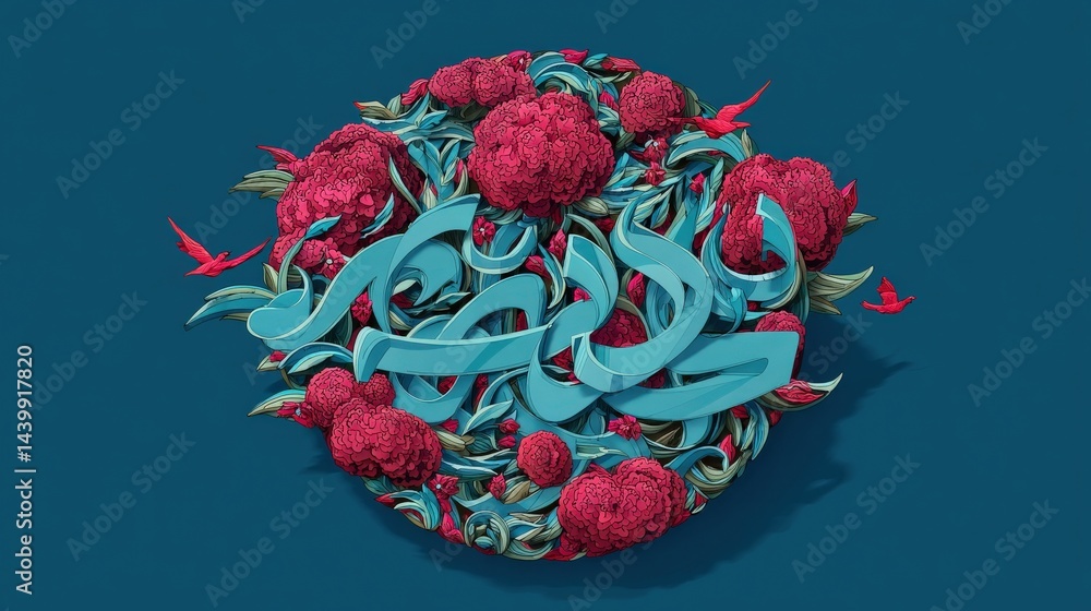 Vibrant Floral Art with Arabic Calligraphy Design on Blue Background