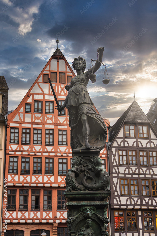 The Fountain of Justice in Frankfurt's Romerberg square, featuring Lady Justice, with colorful half timbered buildings in the background.