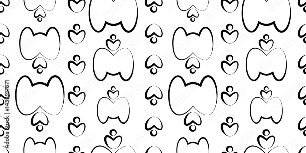 Fototapeta premium Seamless pattern geometric shapes infinite lines. Vector editable background rounded isolated silhouettes, hearts, circles vertical stripes. Repeating elements infinite png pattern for textil, fabric