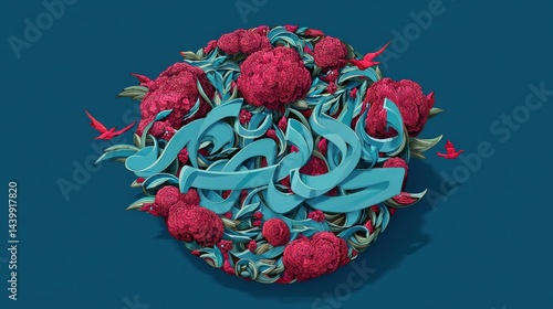 Obraz na płótnie Vibrant Floral Art with Arabic Calligraphy Design on Blue Background w salonie