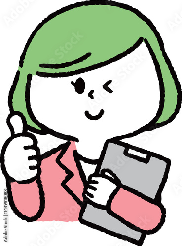 ファイルを持ってグッドサインをするスーツの女性
