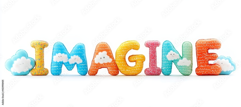 Imagine Colorful Plush Letters Spelling Imagine with Fluffy Clouds Isolated on a White Background