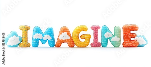 Obraz na płótnie Imagine Colorful Plush Letters Spelling Imagine with Fluffy Clouds Isolated on a White Background w salonie