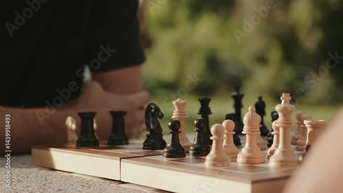 A close up shot of a chess board outdoors with two people about to make their next strategic move on a sunny day. 