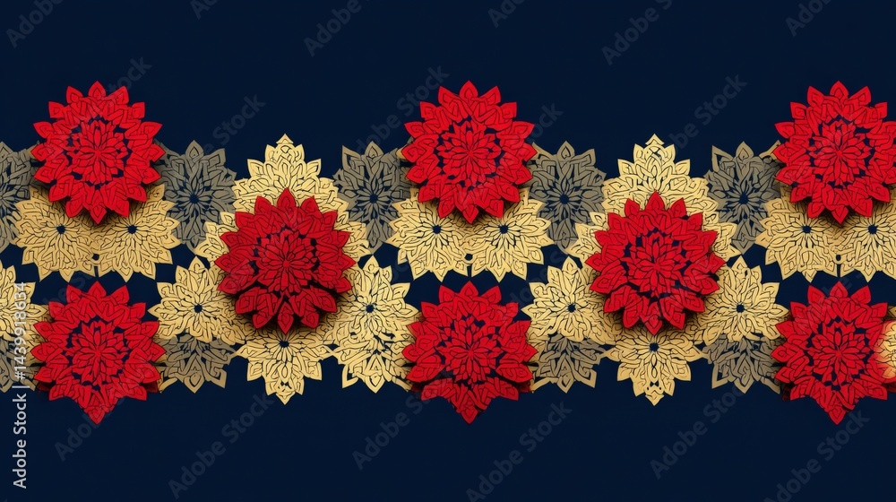 Vibrant Floral Pattern with Red and Gold Elements on Dark Background