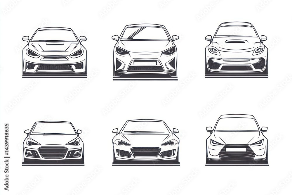 Obraz premium Six car front views, design concept, studio background, automotive illustration