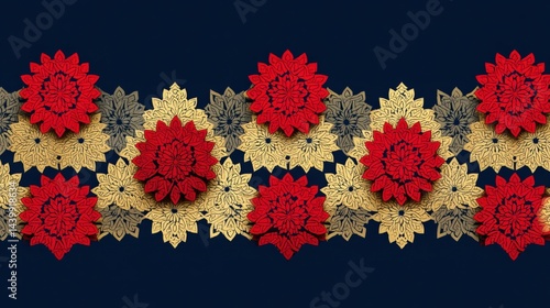 Obraz na płótnie Vibrant Floral Pattern with Red and Gold Elements on Dark Background w salonie