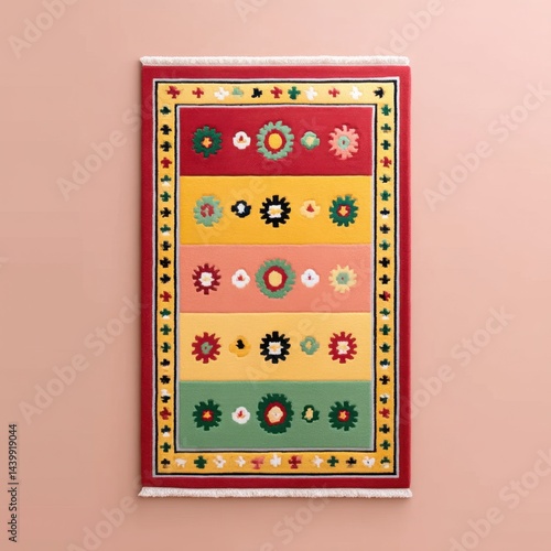 Colorful flower design rug with traditional ajrak block canvas in vibrant colors and intricate patterns