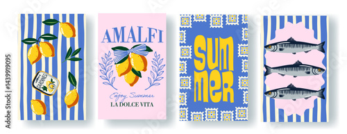 Set of colorful italian posters  summer: lemons, sardines, marine motifs, decorative tiles, and cheerful typography. Perfect for travel, kitchen decor, packaging, and prints