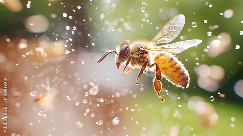 Naklejka premium Flying Bee with Water Droplets in Natural Setting