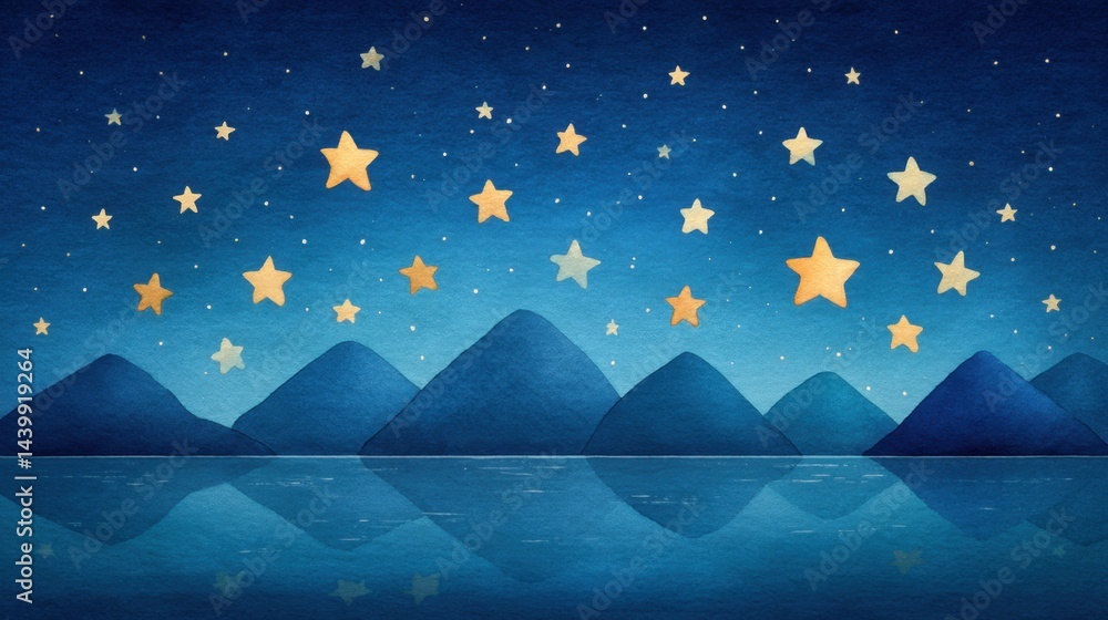 Obraz premium Night scene featuring mountains illuminated by stars in a beautiful watercolor painting style