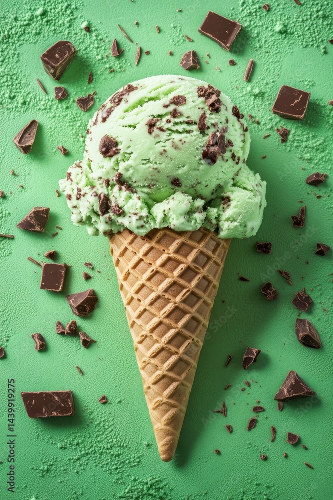 Refreshing Mint Chocolate Chip Ice Cream Cone on Green Background With Chocolate Shavings
