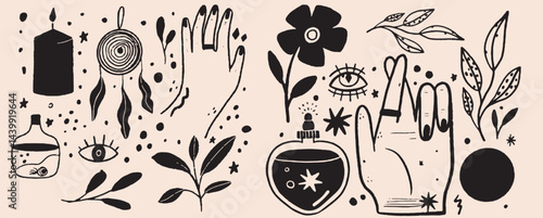 Hand-drawn vintage mystical and magic symbols illustration