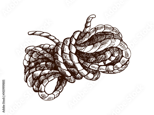 Hand drawn vintage sketch of coiled rope knot for camping, sailing and western adventure design