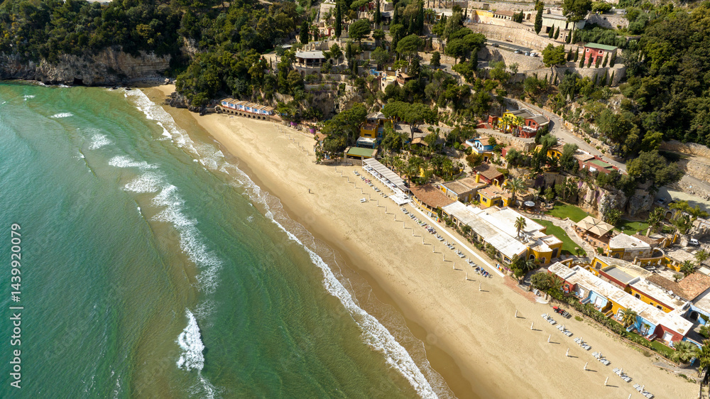 Aerial view of the 300 steps beach located near Gaeta, Lazio, Italy. It is one of the most beautiful beaches in the province of Latina.