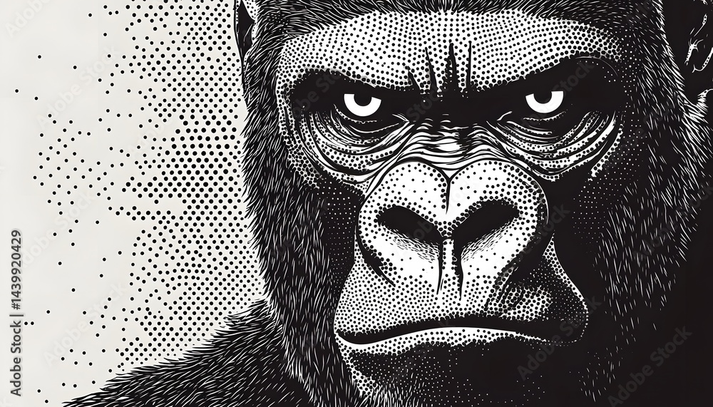 A detailed illustration depicts a focused gorilla in monochromatic style