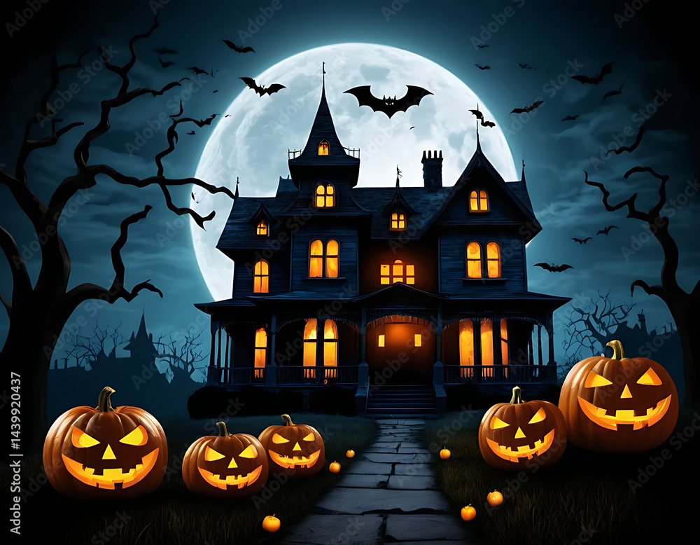 Fototapeta premium Spooky Halloween Mansion with Jack-o'-lanterns under a full moon