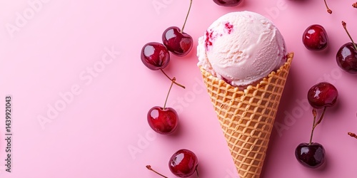 Pink Paradise Cherry Ice Cream Cone with Fresh Cherries on Pink Background, Top View