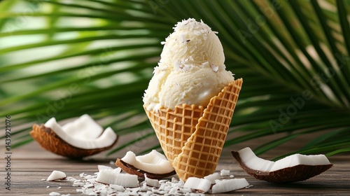Obraz na płótnie Refreshing Coconut Ice Cream in Waffle Cone with Coconut Flakes on Tropical Background w salonie