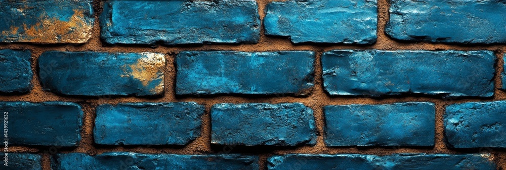 Texture Of Dark Blue Painted Brick Wall, Abstract Background With Gold Illumination Effect