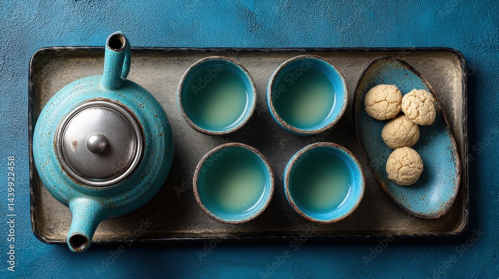 Vibrant Tea Set with Cookies on Textured Blue Surface